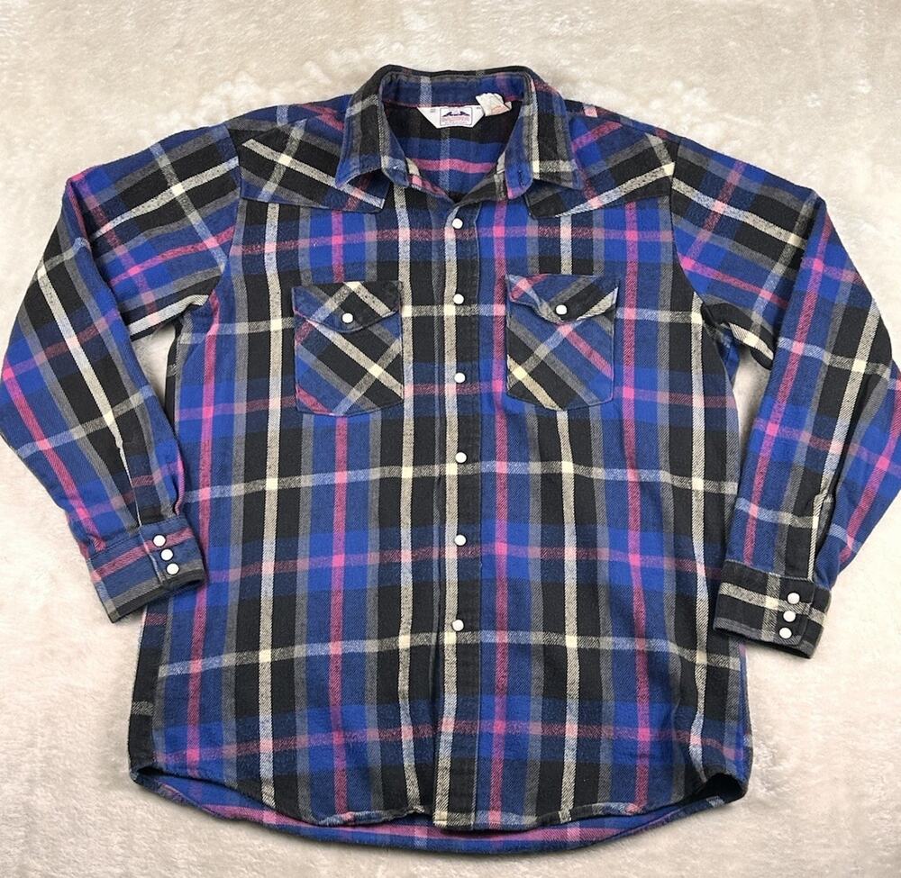 Vintage Dakota Shirt Mens Sz XL Blue Flannel Pearl Snap Five Brother Made USA